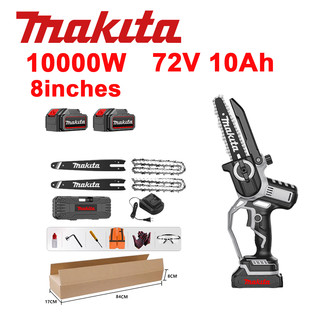 10-palčna brezkrtačna litij-ionska žaga, 10.000 W, 2 x 72 V 10,0 Ah bateriji, polnilnik, 2 vodilni meči, 2 verigi, škatla z orodjem, mazalno olje in zaščitna očala, petletna garancija