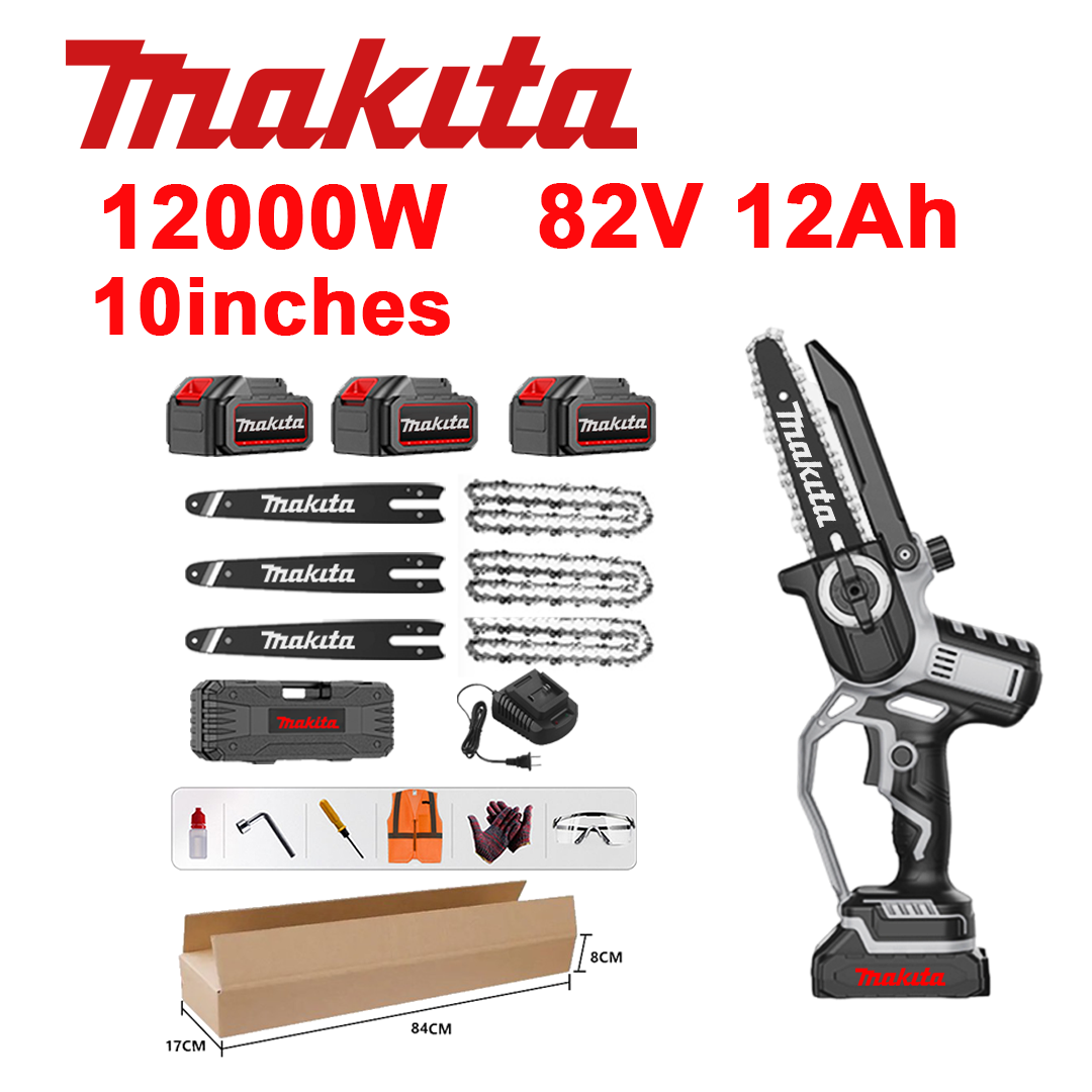 10-palčna brezkrtačna litij-ionska žaga, moč 12.000 W, baterija 82 V 12,0 Ah*3, polnilnik, meč*3, veriga*3, škatla z orodjem, mazalno olje in zaščitna očala, petletna garancija