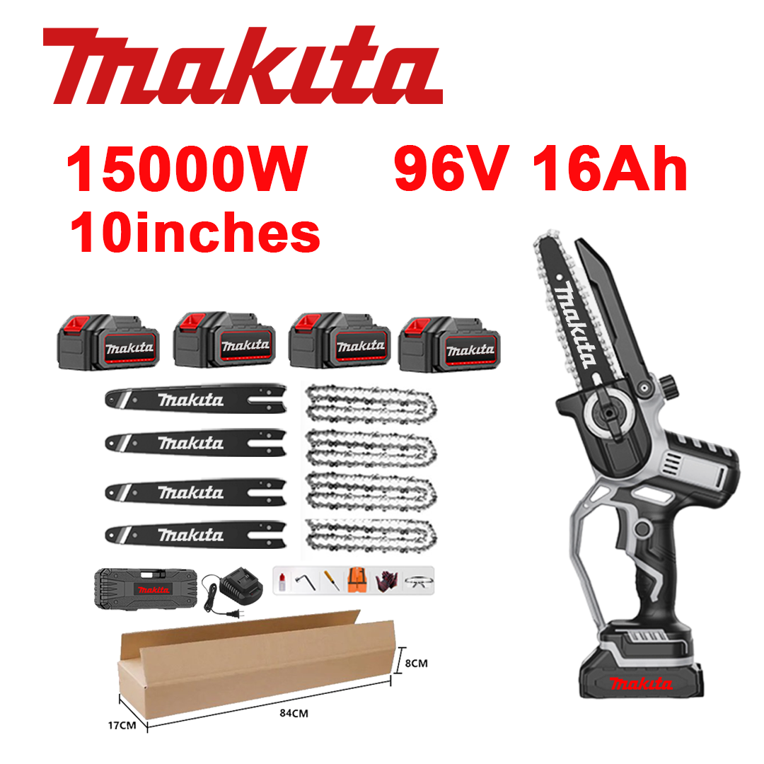 10-palčna brezkrtačna litij-ionska žaga, moč 15.000 W, 96 V 16,0 Ah baterija*4, polnilnik, meč*4, veriga*4, škatla z orodjem, mazalno olje in zaščitna očala, petletna garancija