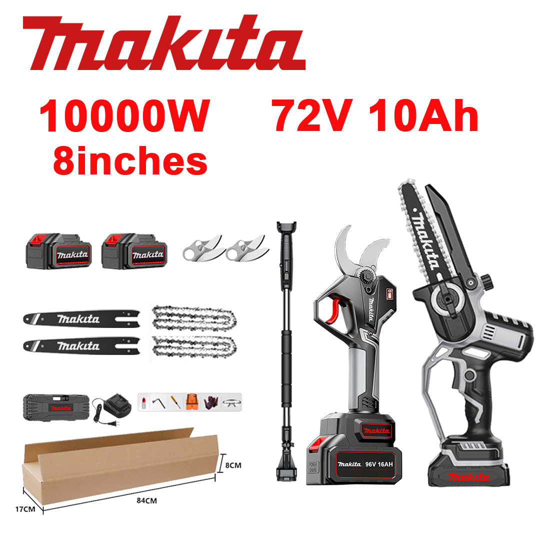 LED indikator napajanja (življenjska doba baterije: 10 ur). 8-palčna 10.000 W litij-ionska žaga + škarje za obrezovanje + 72 V 10,0 Ah baterija *2 + polnilnik + vodilne palice *2 + verige *2 + rezila iz zlitine SK9 *2 + teleskopska palica *1 (teleskopska 150 cm - 450 cm) + škatla za orodje + 0 varnostnih olj.