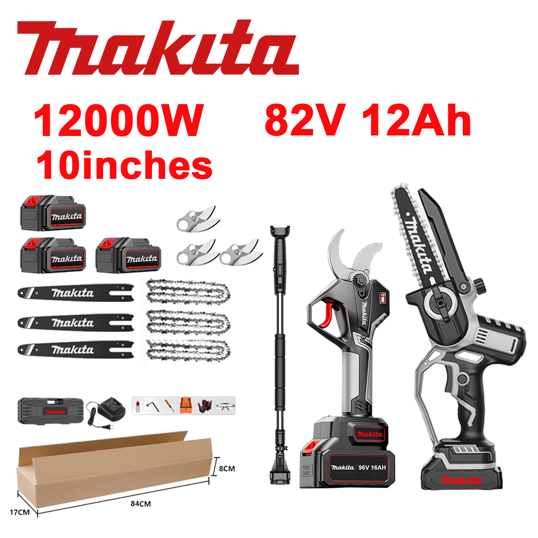LED indikator napetosti (življenjska doba baterije: 18 ur). 10-palčna 12.000 W litij-ionska žaga + škarje za obrezovanje + 82 V 12,0 Ah baterija*3 + polnilnik + meči*3 + verige*3 + rezila iz zlitine SK9*3 + teleskopska palica*1 (teleskopska od 150 cm do 450 cm) + orodje za zaščito pred oljem+1