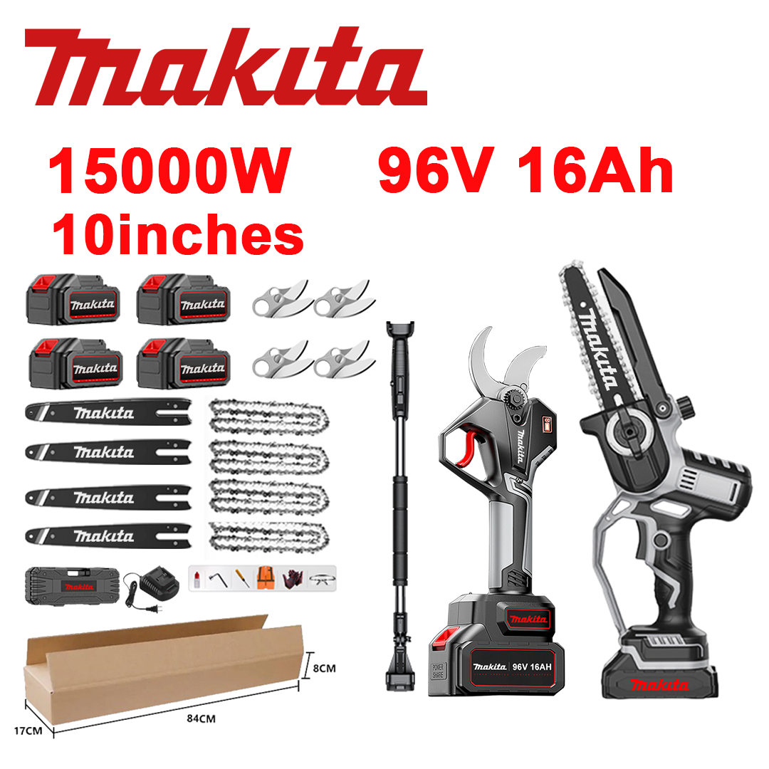 LED indikator napetosti (življenjska doba baterije: 36 ur). 25,4 cm (10 palcev) litij-ionska žaga z močjo 15.000 W + škarje za obrezovanje + 4 baterije 96 V 16,0 Ah + 4 polnilnik + 4 vodilne palice + 4 verige + 4 rezila iz zlitine SK9 + 4 teleskopska palica (raztegljiva od 150 cm do 450 cm) + 1 varnostno orodje.
